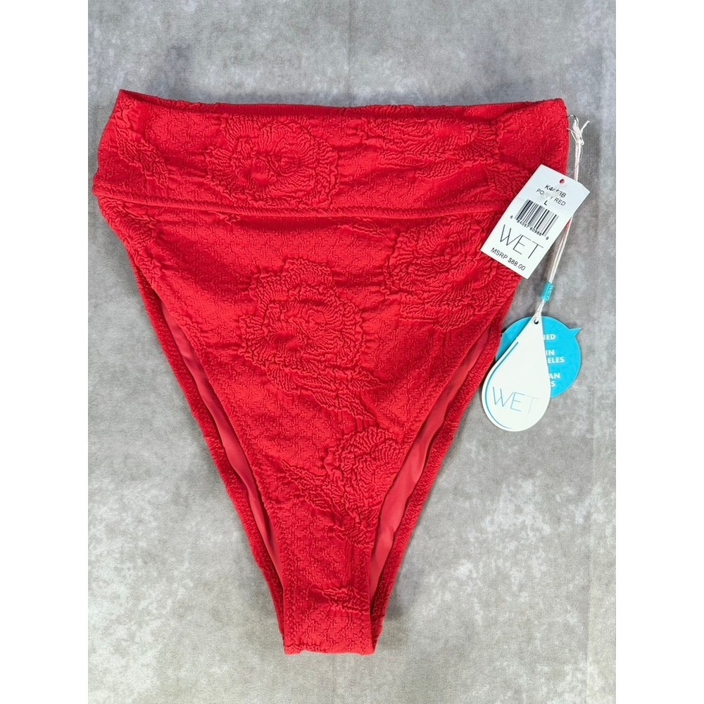 WET Swimwear Poppy Red Textured Floral‎ High Waisted Bikini Bottoms K4458B L NEW